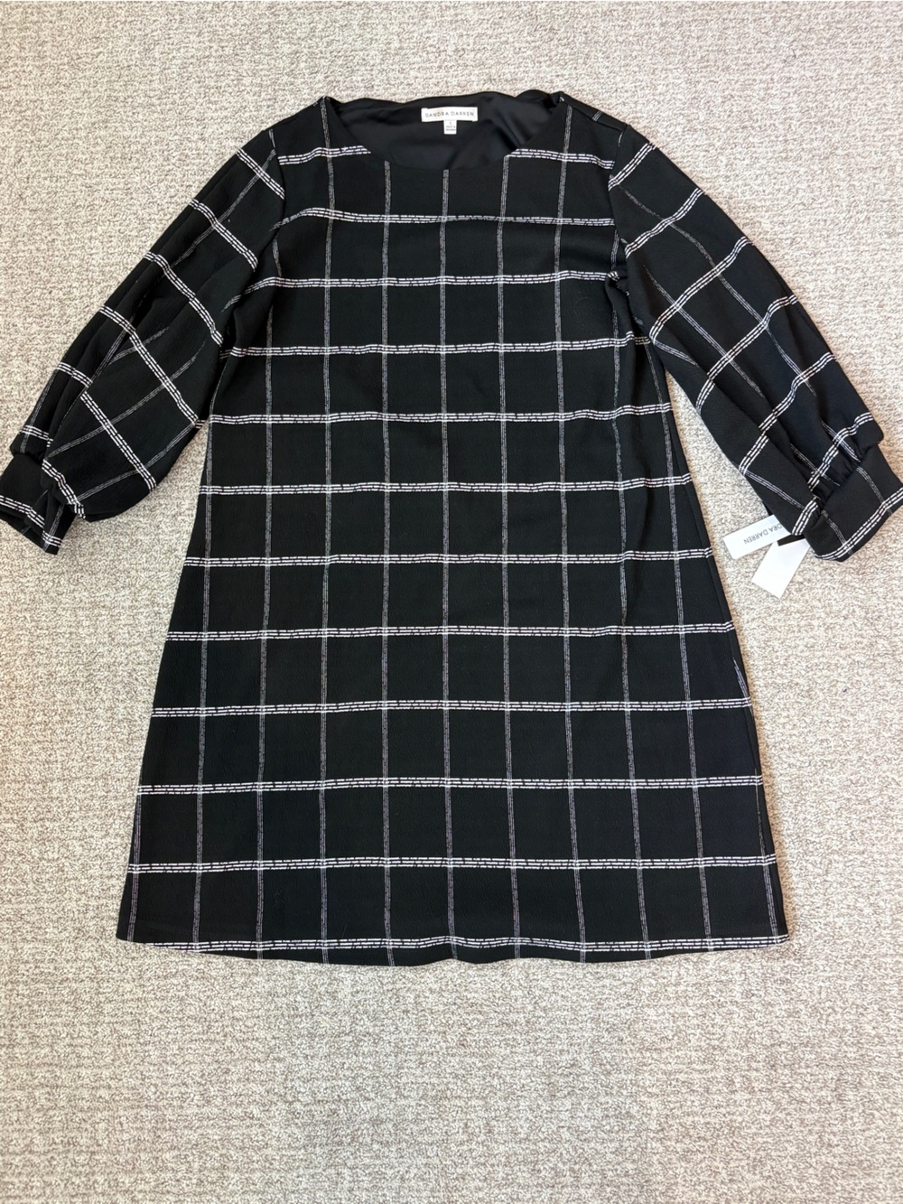 Sandra Darren Black Windowpane Shift Dress with Stripes Plaid Size Large